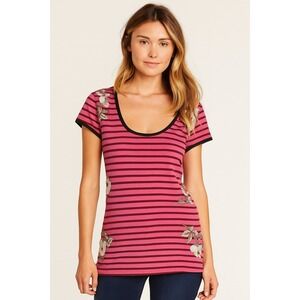 JW Johnny Was Pink Striped Scoop Neck Tee Floral Embroidered Sz S Y2K Boho